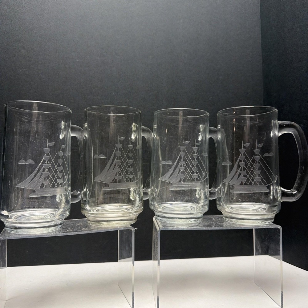 Etched Clipper Or Schooner Ship Glass Beer Mugs Set of 4 Square Handle Heavy